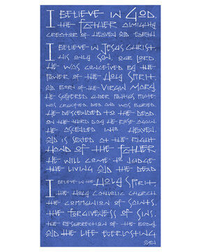 Apostles Creed handwritten on textured blue background