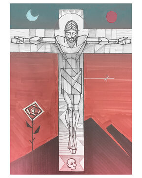 Crucified Jesus on red geometric landscape