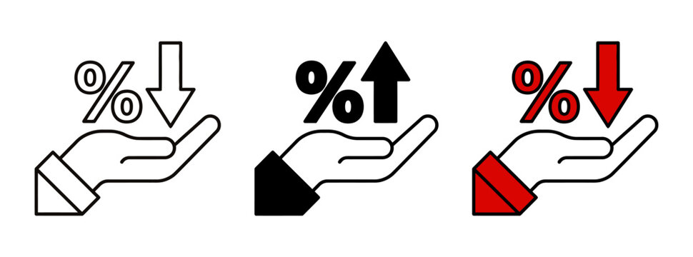 Hand holding percentage sign with arrows pointing up and down icon set