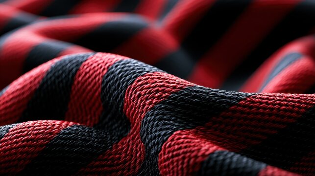 Detailed close-up of textured red and black striped fabric with soft folds and rich woven patterns creating a vibrant textile surface background
