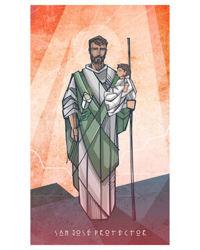 Saint Joseph protector holding child Jesus