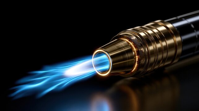High-intensity blue flame emitting from a metallic handheld torch tool used for precise heating or soldering in industrial and craft applications