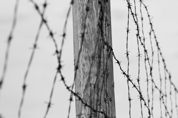 Obraz premium Vojna memorial location in Pribram, Czech Republic during day with barbed wire