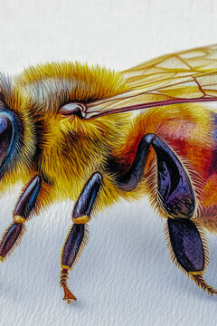 A close-up shot of a bee on a white surface, ideal for use in educational materials or scientific illustrations. vertical frame