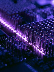 Fototapeta premium Close-up of a circuit board with multiple rows of small, cylindrical objects arranged in a grid-like pattern. the objects appear to be made of metal and have a shiny, metallic surface.