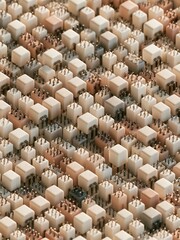 Fototapeta premium Close-up of a large number of small cubes arranged in a grid-like pattern. the cubes are of different sizes and colors, including beige, brown, and black.