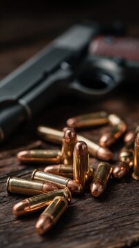 Assorted brass and copper bullets scattered on a textured wooden surface with a blurred handgun in the background symbolizing safety and preparedness concepts