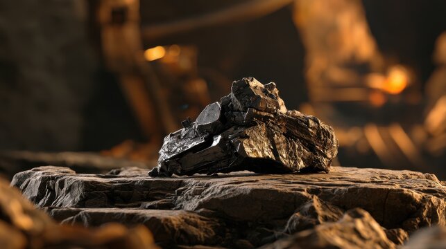 Detailed view of raw coal chunks resting on rugged layered rocks with warm industrial background softly illuminated by glowing lights
