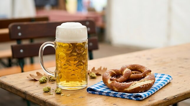 Oktoberfest beer mug and pretzel on a wooden table at a traditional beer festival tent