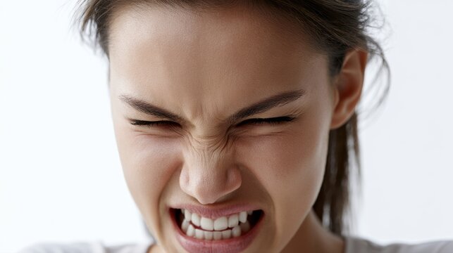 Young woman expressing intense anger and frustration with clenched teeth and furrowed brow against plain background