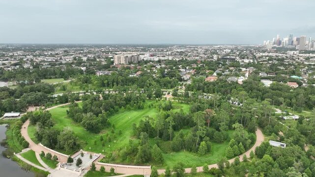 Aerial Drone Video Flying Over Memorial Park Eastern Glades Toward the Downtown Houston Skyline on an Overcast Day in Texas