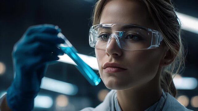 Female scientist inspecting glowing blue test tube in modern laboratory closeup