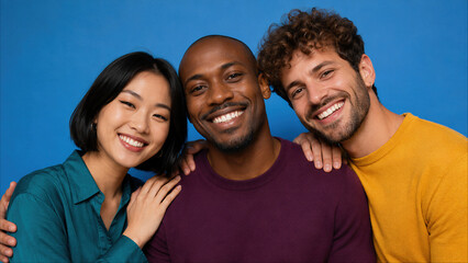 Obraz premium Three smiling young adults embracing on blue background