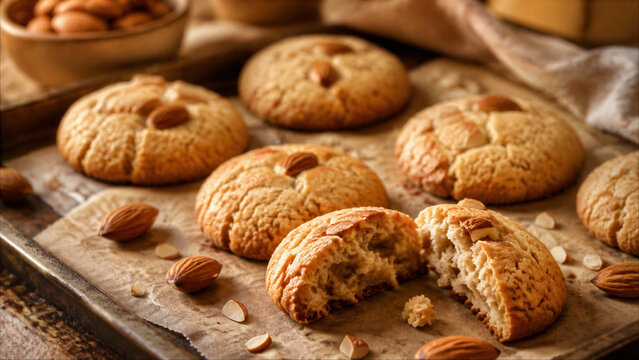 Almond cookies with a broken cookie showing the center