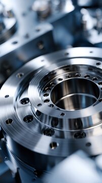 Detailed view of a precision-machined metal component with polished circular surfaces and intricate bolt holes in an industrial setting