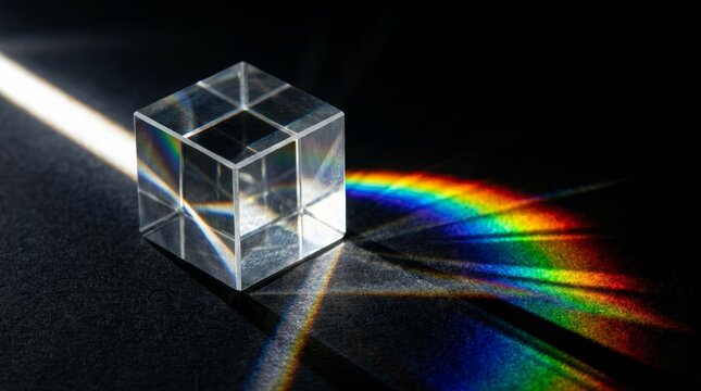 A single beam of white light passing through a prism to create a rainbow spectrum.