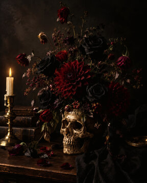 Gothic Still Life with Human Skull Vase, Dark Red Roses, Lit Candle and Vintage Books in a Macabre Memento Mori Style