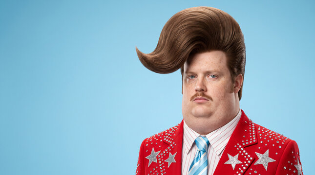 Funny eccentric man with exaggerated retro pompadour hairstyle and flamboyant red star suit posing against a blue background