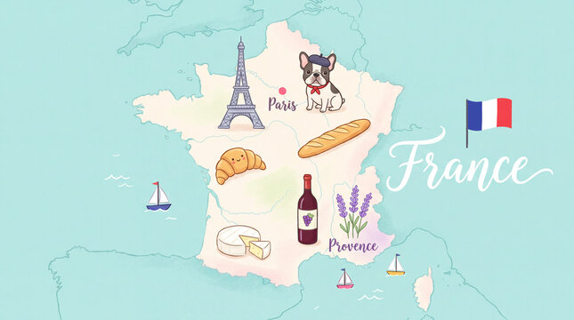Illustrated decorative map of france featuring iconic landmarks and cultural symbols french culture eiffel tower vector map