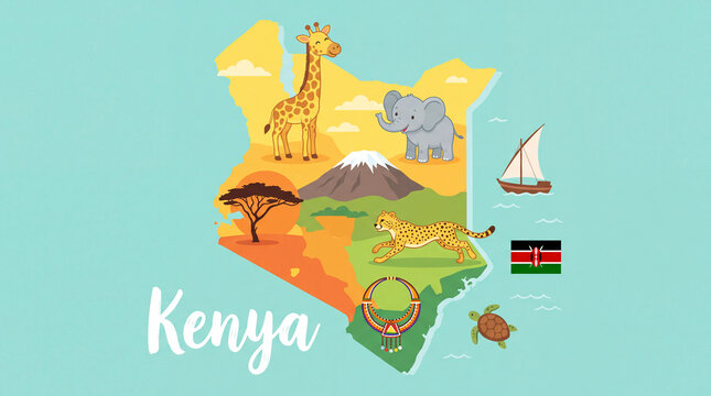 Illustrated map of kenya featuring wildlife and african landmarks east africa national park wildlife elephant mountain