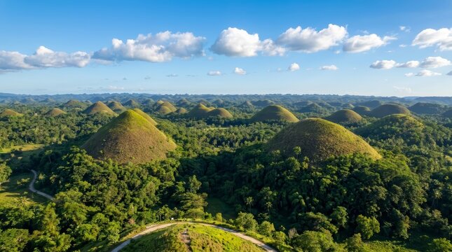The famous Chocolate Hills of Bohol under a bright blue sky with clouds.