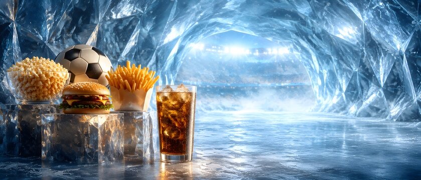 Sports football snacks with burger popcorn fries and iced drink inside a blue ice crystal tunnel