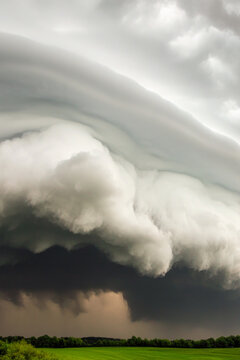 A dark storm cloud rolling over a lush green meadow, ideal for use in backgrounds or as a dramatic atmospheric image. vertical frame