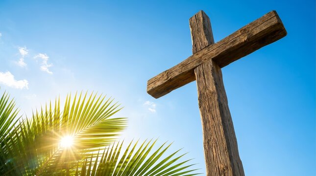 Palm Sunday background featuring a wooden cross and tropical palm leaves under a bright sky.