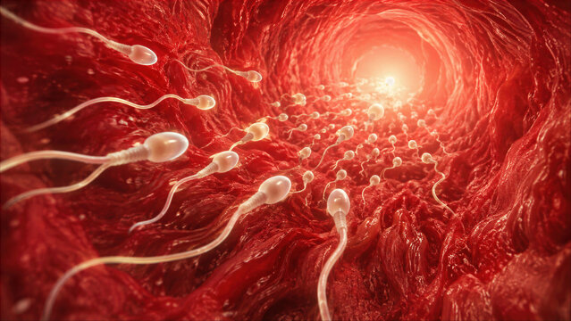 Sperm cells swimming through a red tunnel illustration
