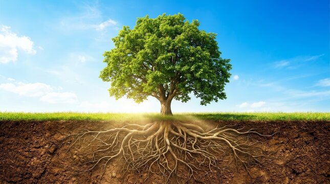 Deeply rooted tree in a landscape representing the concept of a strong foundation of thought.