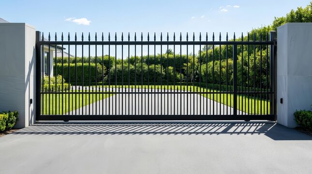 Modern automatic sliding gates featuring a metal picket fence design.