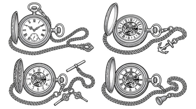 Set of Vintage Pocket Watches Line Art Illustration on White Background