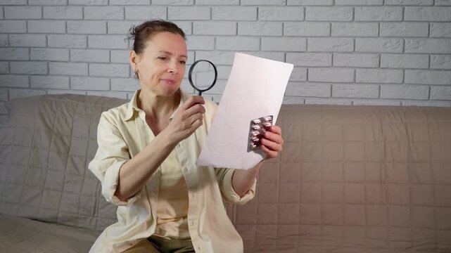 Mature woman reading medicine instructions with magnifying glass. Senior woman with poor eyesight sitting on a sofa and carefully reading a medical prescription leaflet with a magnifying glass