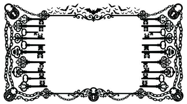 Vintage Gothic decorative borders with skeleton key, chains, padlock, flying bats. Antique monochrome frame design for spooky themes, scrapbooking and cards isolated on White Background Halloween