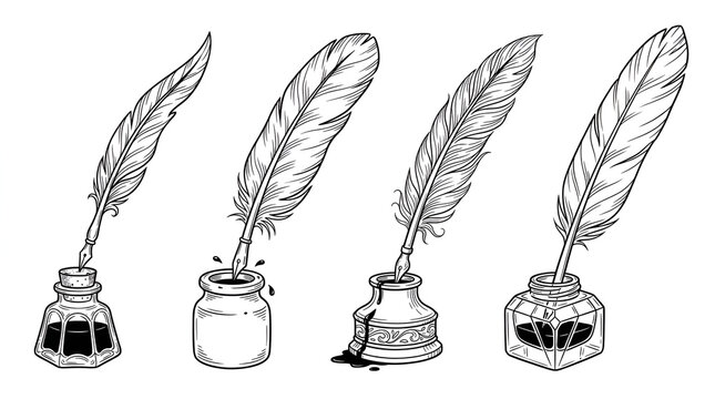 Feather Quill and Inkwell Line Art Sketches Set on White Background