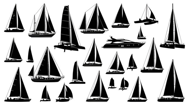 Collection of Black Sailboat and Yacht Silhouettes on White Background