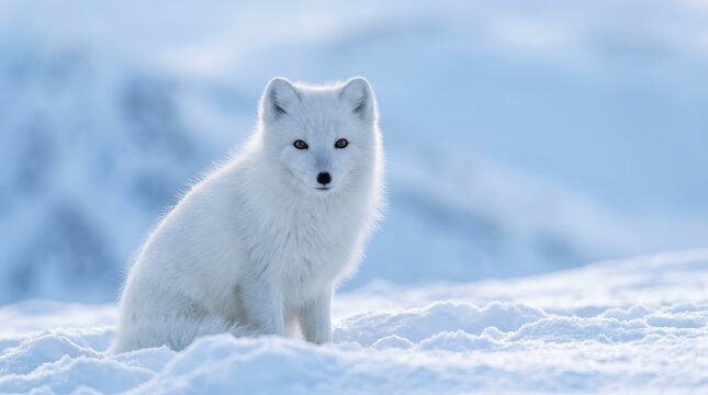 White Arctic snow fox Vulpes lagopus in a winter landscape.