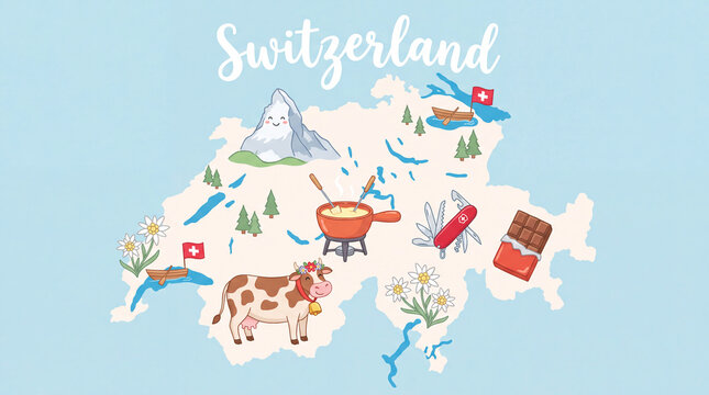 Illustrated map of switzerland with traditional alpine symbols switzerland illustration mountains chocolate tradition