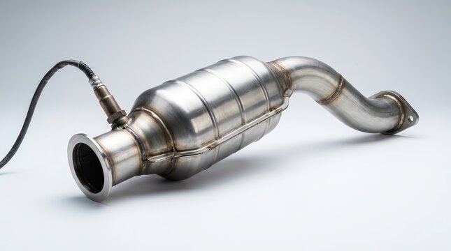 Automotive catalytic converter with lambda sensor isolated on a white background