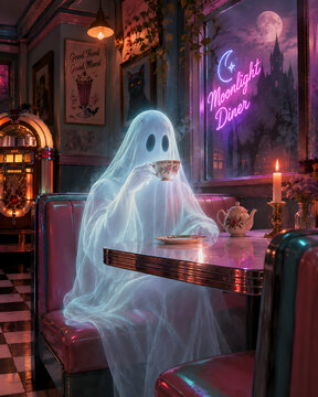 Ethereal Glowing Ghost Drinking Tea in a Vintage Retro Diner Booth at Night