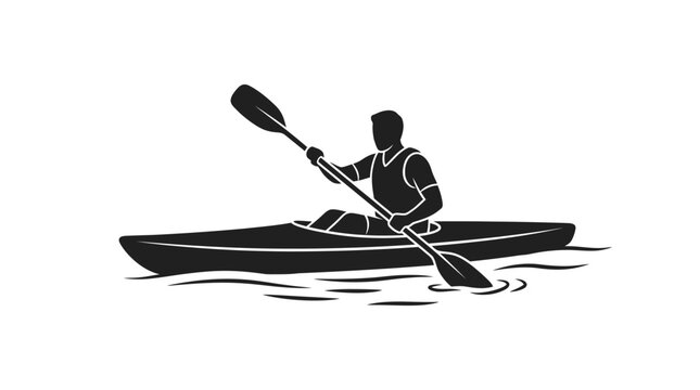 Kayaker and boat silhouette against a white background monochrome design