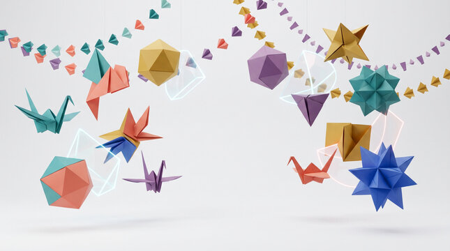 Colorful handmade origami paper cranes and geometric shapes hanging as festive party decorations on a white background