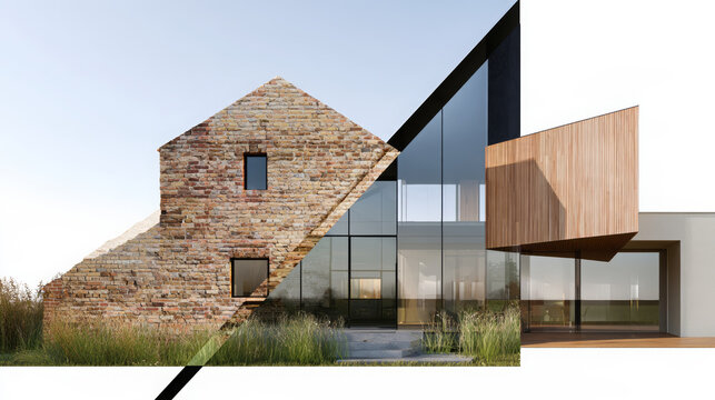 Old brick house facade transforming into a new modern glass and wood minimalist dwelling, symbolizing renovation, future, and architectural evolution concepts