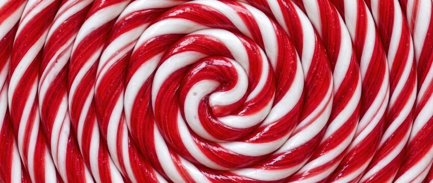 Close-up view of a spiral lollipop with alternating red and white candy stripes, creating a swirling circular pattern that fills the entire frame with a glossy, sugary texture
