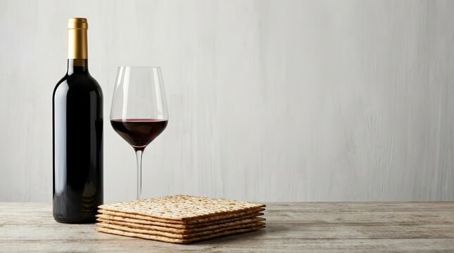 Passover holiday elements featuring a bottle of wine, a filled glass, and matzah crackers.