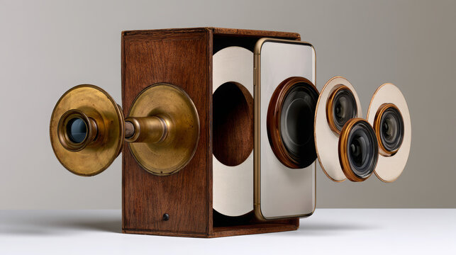 Photography evolution concept showing vintage camera lens transforming into modern smartphone with multiple lenses, representing technological progress in image capturing