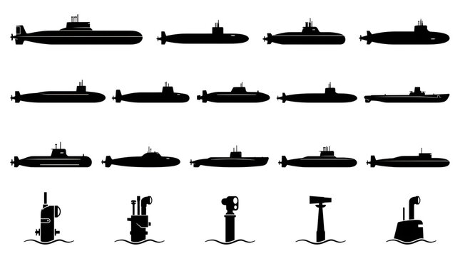 Solid Black Silhouette Grid of Deep Sea Submarines and Periscopes on White Background