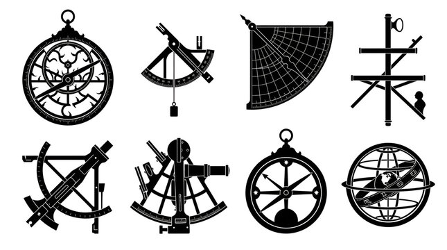 Silhouettes of Ancient Astrolabes and Celestial Navigation Tools on White Background