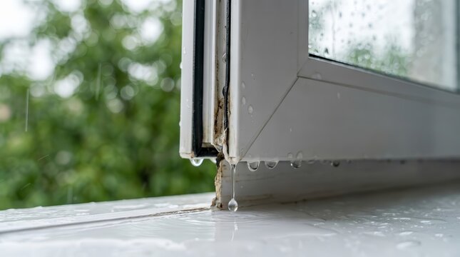 Rainwater seeping through a faulty window frame and leaking onto the sill.
