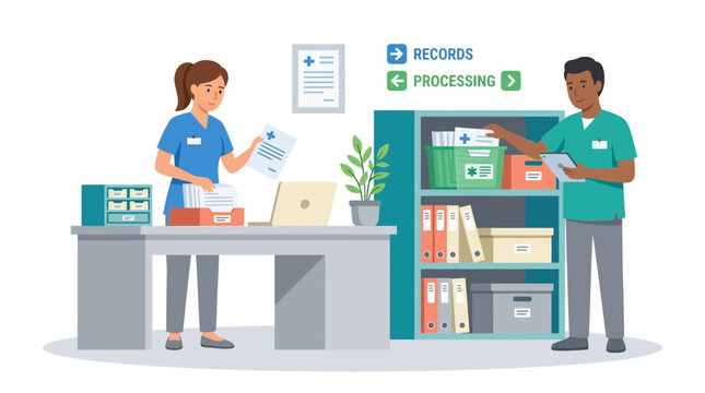 Medical Professionals Organizing Records and Processing Documents